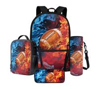Poceacles Set di 4 zaini per la scuola, con astuccio di grande capacità, zaino portapranzo, borsa portabottiglie, materiale scolastico, Football Americano Rosso Blu Fiamma, Taglia unica, Set di zaini