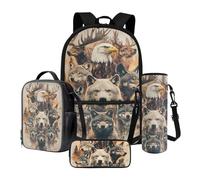 Poceacles Set di 4 zaini per la scuola, con astuccio di grande capacità, zaino portapranzo, borsa portabottiglie, materiale scolastico, Orso Lupo Aquila Cervo, Taglia unica, Set di zaini per la scuola