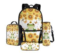 Poceacles Set di 4 zaini per la scuola con zaino, borsa per il pranzo, astuccio, astuccio per bottiglie, per studenti delle scuole elementari e secondarie, Carino Rana Girasole Farfalla Crack, Taglia