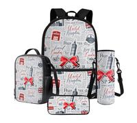 Poceacles Set di 4 zaini per la scuola con zaino, borsa per il pranzo, astuccio, astuccio per bottiglie, per studenti delle scuole elementari e secondarie, Stampa giornale Big Ben bandiera britannica,