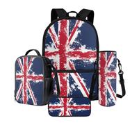 Poceacles Set di 4 zaini per la scuola con zaino, borsa per il pranzo, astuccio, astuccio per bottiglie, per studenti delle scuole elementari e secondarie, Motivo Union Jack, Taglia unica, Set di