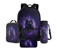 Poceacles Set di 4 zaini per la scuola e borsa per il pranzo con zaino, scatola per il pranzo, astuccio portamatite, maniche per bottiglia per ragazzi e ragazze, Boho Fiore Gatto Nero Viola Luna,