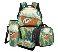 Poceacles Set di 4 zaini per la scuola, eleganti, portatili, isolati, portapranzo, astuccio, per scuola, viaggi, picnic, Cartone animato Bradipo Foglie, Taglia unica, Set di zaini per la scuola