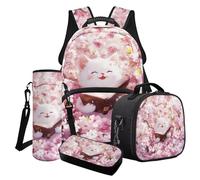 Poceacles Set di 4 zaini per la scuola, eleganti, portatili, isolati, portapranzo, astuccio, per scuola, viaggi, picnic, Libro Gatto Bianco Fiori Rosa Primavera, Taglia unica, Set di zaini per la