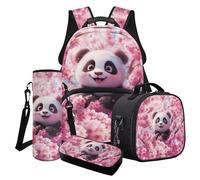 Poceacles Set di 4 zaini per la scuola, eleganti, portatili, isolati, portapranzo, astuccio, per scuola, viaggi, picnic, Panda Primavera Fiore Rosa, Taglia unica, Set di zaini per la scuola