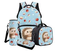 Poceacles Set di 4 zaini per la scuola per bambini, con borsa per libri, borsa termica per il pranzo, astuccio, custodia per bottiglia d'acqua, per ragazze e ragazzi, Stampa Mela Riccio Blu, Taglia