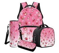 Poceacles Set di 4 zaini per la scuola per bambini, con borsa per libri, borsa termica per il pranzo, astuccio, custodia per bottiglia d'acqua, per ragazze e ragazzi, Fiore Fragola Rosa Bianco, Taglia
