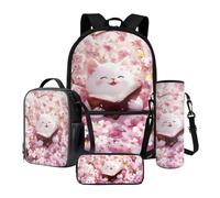 Poceacles Set di 4 zaini per la scuola per bambini e adolescenti, zaino e borsa per il pranzo con astuccio portamatite, portabottiglie, adatto per laptop da 14 pollici, Libro di gatti bianchi Cherry