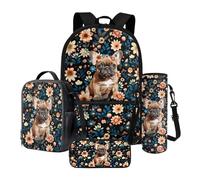 Poceacles Set di 4 zaini per la scuola per bambini e adolescenti, zaino e borsa per il pranzo con astuccio portamatite, portabottiglie, adatto per laptop da 14 pollici, Bulldog francese Fiore, Taglia