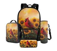 Poceacles Set di 4 zaini per la scuola per bambini e adolescenti, zaino e borsa per il pranzo con astuccio portamatite, portabottiglie, adatto per laptop da 14 pollici, Girasole Uccello Rosso