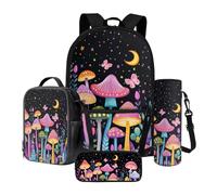 Poceacles Set di 4 zaini per la scuola per bambini e adolescenti, zaino e borsa per il pranzo con astuccio portamatite, portabottiglie, adatto per laptop da 14 pollici, Fungo colorato farfalla luna