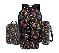 Poceacles Set di 4 zaini per la scuola per bambini e adolescenti, zaino e borsa per il pranzo con astuccio portamatite, portabottiglie, adatto per laptop da 14 pollici, Teschio Luna Sole Stella