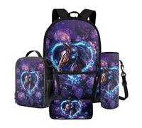 Poceacles Set di 4 zaini per la scuola per bambini e adolescenti, zaino e borsa per il pranzo con astuccio portamatite, portabottiglie, adatto per laptop da 14 pollici, Horse Love Viola Rose, Taglia