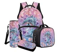 Poceacles Set di 4 zaini per la scuola per ragazze, eleganti borse per la scuola, borsa termica per il pranzo, astuccio, zaino alla moda, Delfino Viola Fiore Rosa Blu Gradiente, Taglia unica, Set di