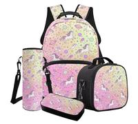 Poceacles Set di 4 zaini per la scuola per ragazze, eleganti borse per la scuola, borsa termica per il pranzo, astuccio, zaino alla moda, Horse Planet Stella Arcobaleno Rosa Gradiente, Taglia unica