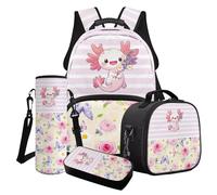 Poceacles Set di 4 zaini per la scuola per ragazze, eleganti borse per la scuola, borsa termica per il pranzo, astuccio, zaino alla moda, Axolotl Daisy Rose Farfalla Rosa Strisce Bianche, Taglia unica