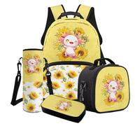 Poceacles Set di 4 zaini per la scuola per ragazze, eleganti borse per la scuola, borsa termica per il pranzo, astuccio, zaino alla moda, Axolotl Giallo Girasole, Taglia unica, Set di zaini per la