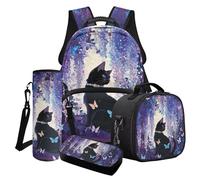 Poceacles Set di 4 zaini per la scuola per ragazze, eleganti borse per la scuola, borsa termica per il pranzo, astuccio, zaino alla moda, Gatto Nero Viola Fiore Farfalla, Taglia unica, Set di zaini