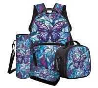 Poceacles Set di 4 zaini per la scuola per ragazze, eleganti borse per la scuola, borsa termica per il pranzo, astuccio, zaino alla moda, Stile vetro colorato blu viola farfalla, Taglia unica, Set di