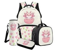 Poceacles Set di 4 zaini per la scuola per ragazze, eleganti borse per la scuola, borsa termica per il pranzo, astuccio, zaino alla moda, Axolotl Sea Shell Tulipano Fiore Crema Bianco Rosa, Taglia