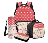 Poceacles Set di 4 zaini per la scuola per ragazze, eleganti borse per la scuola, borsa termica per il pranzo, astuccio, zaino alla moda, Stampa a pois rossi con lettere e numeri, Taglia unica, Set di