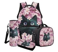 Poceacles Set di 4 zaini per la scuola per ragazze, eleganti borse per la scuola, borsa termica per il pranzo, astuccio, zaino alla moda, Gatto Nero Fiori Di Cilie, Taglia unica, Set di zaini per la