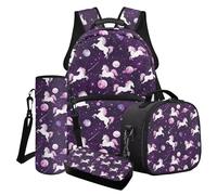 Poceacles Set di 4 zaini per la scuola per ragazze, eleganti borse per la scuola, borsa termica per il pranzo, astuccio, zaino alla moda, Cavallo Viola Pianeta Galassia Stella, Taglia unica, Set di