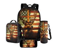 Poceacles Set di 4 zaini per la scuola per ragazze ragazzi adolescenti, con zaino isolato, portapranzo, astuccio portaborraccia, borsa portabottiglie d'acqua, Croce di cervo bandiera americana, Taglia