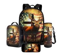 Poceacles Set di 4 zaini per la scuola per ragazze ragazzi adolescenti, con zaino isolato, portapranzo, astuccio portaborraccia, borsa portabottiglie d'acqua, Cervo Bandiera Americana Croce, Taglia
