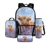 Poceacles Set di 4 zaini per la scuola per ragazzi, con astuccio, zaino di grande capacità, borsa per il pranzo, portabottiglie per bambini, Fiore di mucca Highland Viola, Taglia unica, Set di zaini
