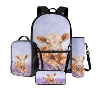 Poceacles Set di 4 zaini per la scuola per ragazzi, con astuccio, zaino di grande capacità, borsa per il pranzo, portabottiglie per bambini, Fiore Viola Mucca Highland, Taglia unica, Set di zaini per