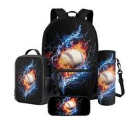 Poceacles Set di 4 zaini per la scuola per ragazzi, con astuccio, zaino di grande capacità, borsa per il pranzo, portabottiglie per bambini, Fuoco del fulmine, Taglia unica, Set di zaini per la scuola