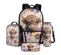 Poceacles Set di 4 zaini per la scuola per ragazzi, con astuccio, zaino di grande capacità, borsa per il pranzo, portabottiglie per bambini, Bohemia Highland Mucca Fiore, Taglia unica, Set di zaini