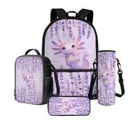 Poceacles Set di 4 zaini per la scuola per ragazzi, con astuccio, zaino di grande capacità, borsa per il pranzo, portabottiglie per bambini, Fiore Axolotl Viola, Taglia unica, Set di zaini per la