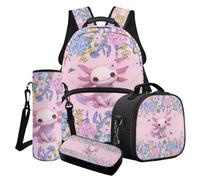 Poceacles Set di 4 zaini per la scuola, per ragazzi e ragazze, alla moda, per la scuola, per il pranzo, per bambini e ragazzi, Rosa Axolotl Farfalla Fiore, Taglia unica, Set di zaini per la scuola