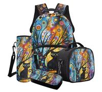 Poceacles Set di 4 zaini per la scuola, per ragazzi e ragazze, alla moda, per la scuola, per il pranzo, per bambini e ragazzi, Cerchio astratto gatto nero, Taglia unica, Set di zaini per la scuola