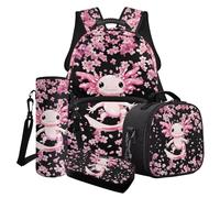 Poceacles Set di 4 zaini per la scuola, per ragazzi e ragazze, alla moda, per la scuola, per il pranzo, per bambini e ragazzi, Rosa Axolotl Cherry Blossom Nero, Taglia unica, Set di zaini per la