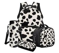 Poceacles Set di 4 zaini per la scuola, per ragazzi e ragazze, alla moda, per la scuola, per il pranzo, per bambini e ragazzi, Stampa mucca., Taglia unica, Set di zaini per la scuola