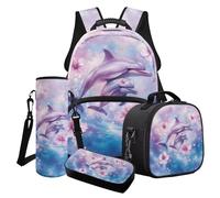 Poceacles Set di 4 zaini per la scuola, per ragazzi e ragazze, alla moda, per la scuola, per il pranzo, per bambini e ragazzi, Fiore Di Ibisco Delfino Viola Chiaro, Taglia unica, Set di zaini per la