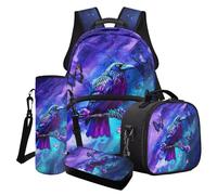 Poceacles Set di 4 zaini per la scuola, per ragazzi e ragazze, alla moda, per la scuola, per il pranzo, per bambini e ragazzi, Corvo Farfalla Luna Viola Galassia, Taglia unica, Set di zaini per la