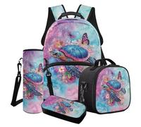 Poceacles Set di 4 zaini per la scuola, per ragazzi e ragazze, alla moda, per la scuola, per il pranzo, per bambini e ragazzi, Tartaruga Marina Farfalla Fiore, Taglia unica, Set di zaini per la scuola