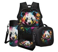 Poceacles Set di 4 zaini per la scuola, per ragazzi e ragazze, alla moda, per la scuola, per il pranzo, per bambini e ragazzi, Stampa Panda Splash, Taglia unica, Set di zaini per la scuola