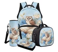 Poceacles Set di 4 zaini per la scuola, per ragazzi e ragazze, alla moda, per la scuola, per il pranzo, per bambini e ragazzi, Gufo Libro Rosa Azzurro, Taglia unica, Set di zaini per la scuola