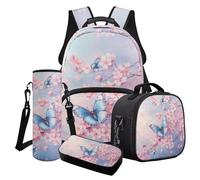 Poceacles Set di 4 zaini per la scuola, per ragazzi e ragazze, alla moda, per la scuola, per il pranzo, per bambini e ragazzi, Farfalla Fiore, Taglia unica, Set di zaini per la scuola