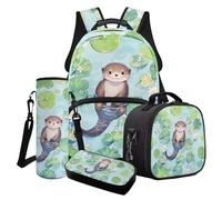 Poceacles Set di 4 zaini per la scuola, per ragazzi e ragazze, alla moda, per la scuola, per il pranzo, per bambini e ragazzi, Otter Lotus Leaf Stagno Modello Estate, Taglia unica, Set di zaini per la