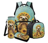 Poceacles Set di 4 zaini per la scuola, per ragazzi e ragazze, alla moda, per la scuola, per il pranzo, per bambini e ragazzi, bradipo girasole, Taglia unica, Set di zaini per la scuola