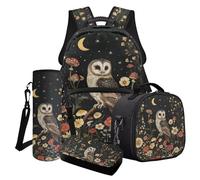 Poceacles Set di 4 zaini per la scuola, per ragazzi e ragazze, alla moda, per la scuola, per il pranzo, per bambini e ragazzi, Gufo Fungo Fiore Stella, Taglia unica, Set di zaini per la scuola