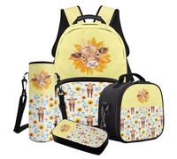 Poceacles Set di 4 zaini per ragazze, set di 4 pezzi, per scuola elementare e media, borsa portapranzo, astuccio porta bottiglie, Girasole Highland Mucca Girasole Farfalla Giallo, Taglia unica, Set di