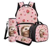 Poceacles Set di 4 zaini per ragazze, set di 4 pezzi, per scuola elementare e media, borsa portapranzo, astuccio porta bottiglie, Riccio Fragola Amore Rosa, Taglia unica, Set di zaini per la scuola