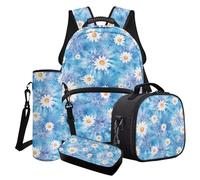 Poceacles Set di 4 zaini per ragazze, set di 4 pezzi, per scuola elementare e media, borsa portapranzo, astuccio porta bottiglie, Daisy Tie-dye Blu, Taglia unica, Set di zaini per la scuola